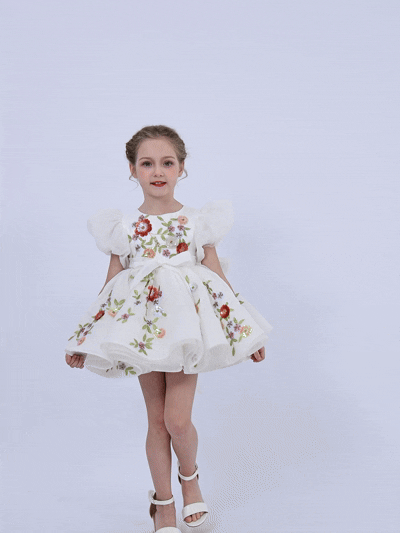 kids atelier tulleen White Embroidered Puff Sleeve Dress