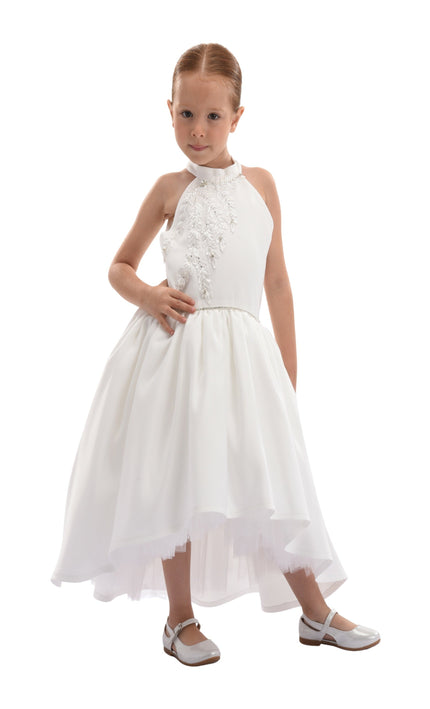 White Lavonne Halter Satin Embroidered Dress