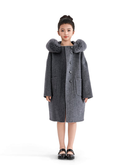 kids atelier tulleen Gray Wool Coat with Faux Fur Hood