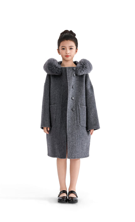 kids atelier tulleen Gray Wool Coat with Faux Fur Hood