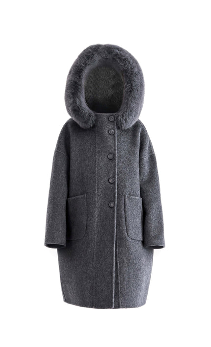 kids atelier tulleen Gray Wool Coat with Faux Fur Hood