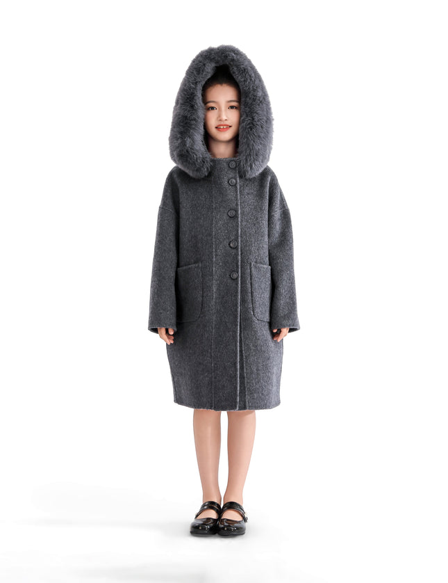 kids atelier tulleen Gray Wool Coat with Faux Fur Hood