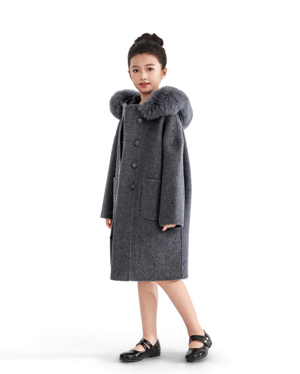 kids atelier tulleen Gray Wool Coat with Faux Fur Hood