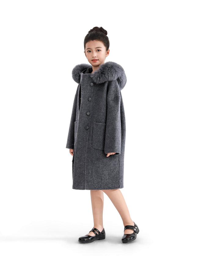 kids atelier tulleen Gray Wool Coat with Faux Fur Hood
