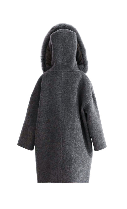 kids atelier tulleen Gray Wool Coat with Faux Fur Hood