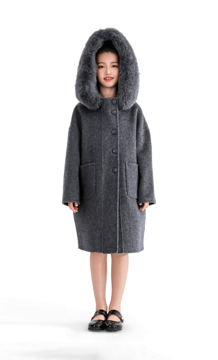 kids atelier tulleen Gray Wool Coat with Faux Fur Hood