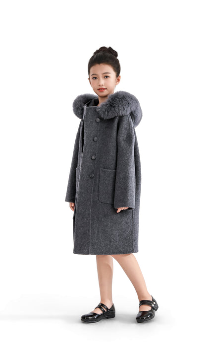 kids atelier tulleen Gray Wool Coat with Faux Fur Hood