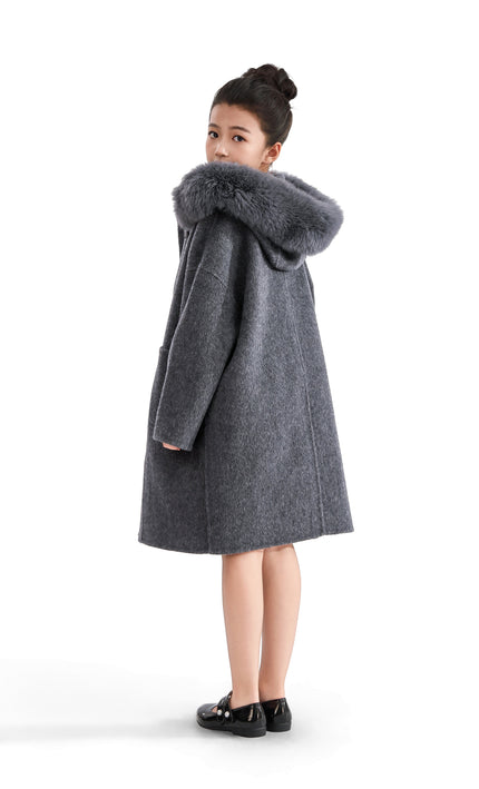 kids atelier tulleen Gray Wool Coat with Faux Fur Hood