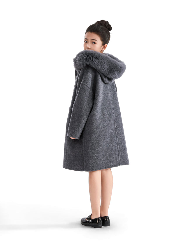 kids atelier tulleen Gray Wool Coat with Faux Fur Hood
