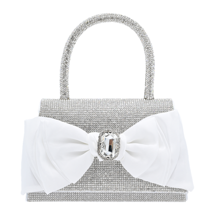 White Bow Accented Silver Rhinestone Handbag