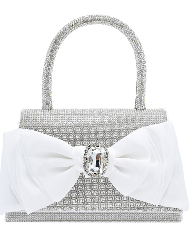 White Bow Accented Silver Rhinestone Handbag