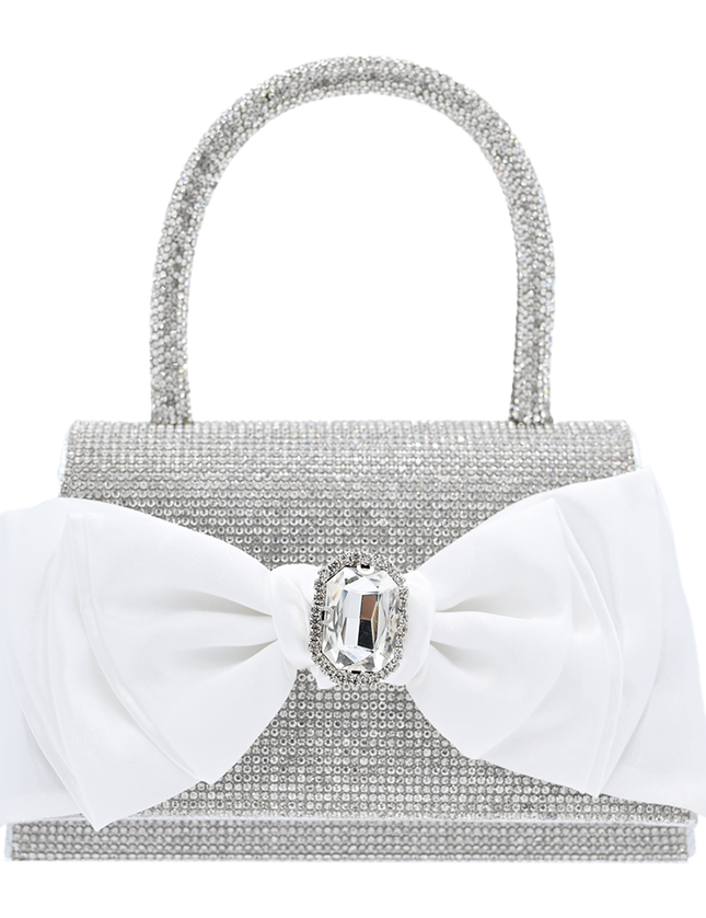 White Bow Accented Silver Rhinestone Handbag