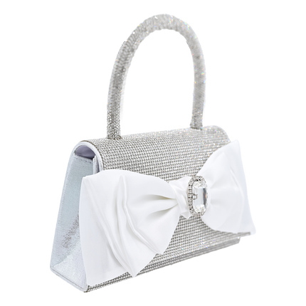 White Bow Accented Silver Rhinestone Handbag