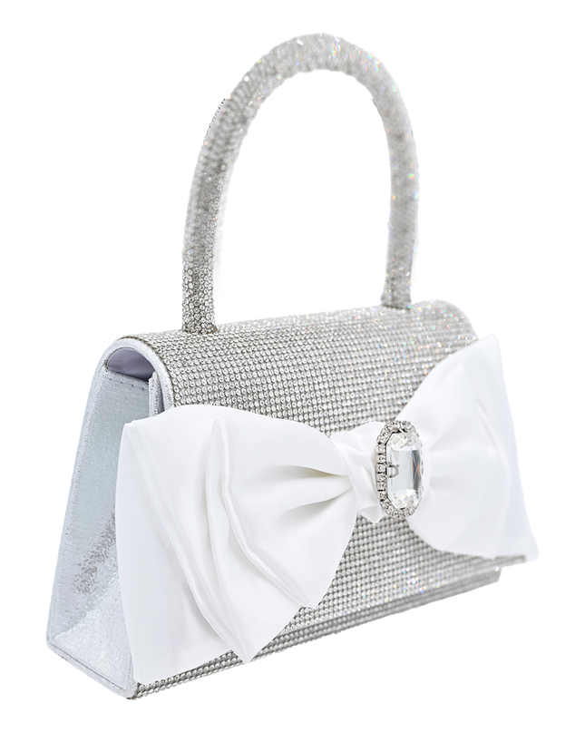 White Bow Accented Silver Rhinestone Handbag