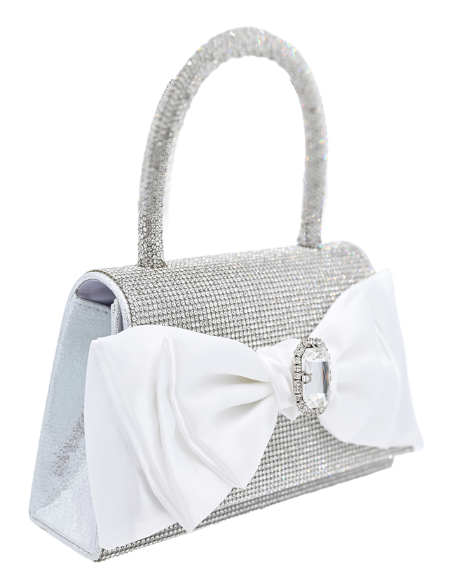 White Bow Accented Silver Rhinestone Handbag