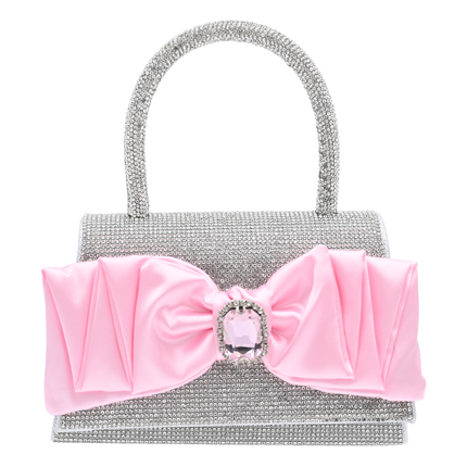 Pink Bow Accented Silver Rhinestone Handbag
