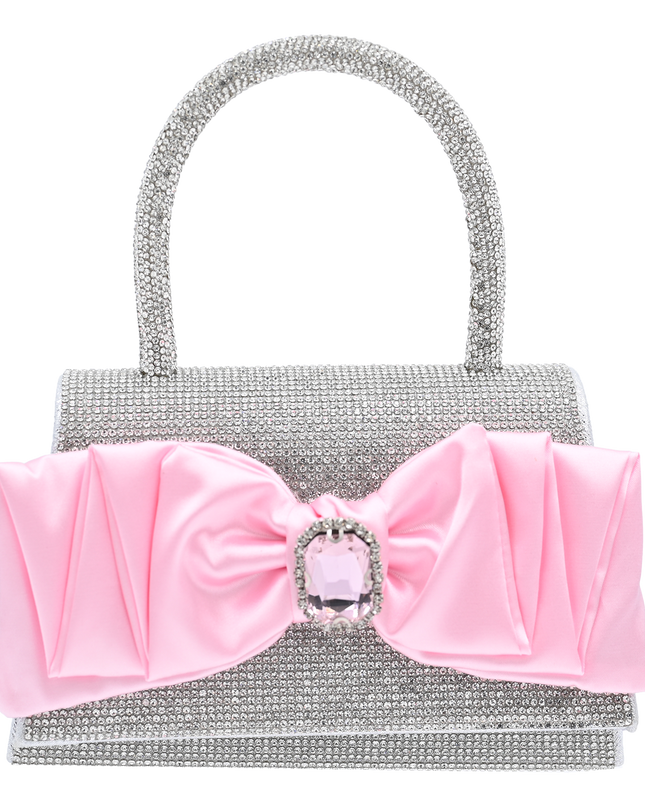 Pink Bow Accented Silver Rhinestone Handbag