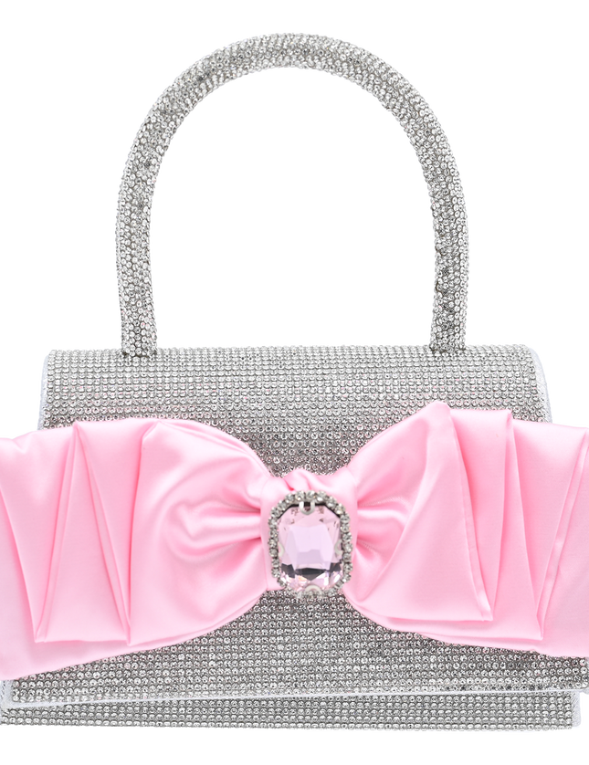 Pink Bow Accented Silver Rhinestone Handbag
