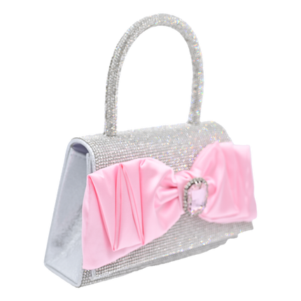 Pink Bow Accented Silver Rhinestone Handbag