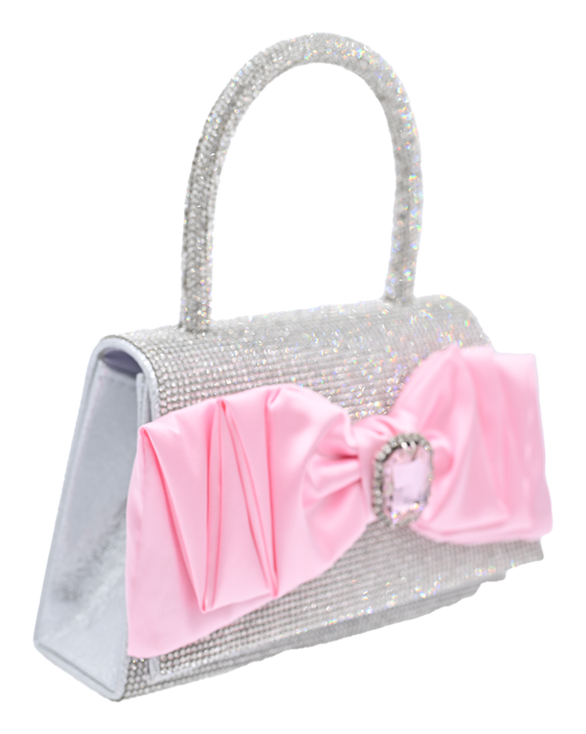 Pink Bow Accented Silver Rhinestone Handbag