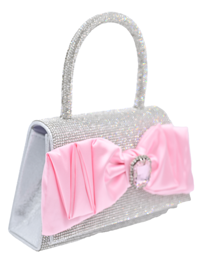 Pink Bow Accented Silver Rhinestone Handbag