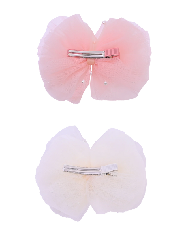 Tulle Bow Pearl Accented Hairclip Set