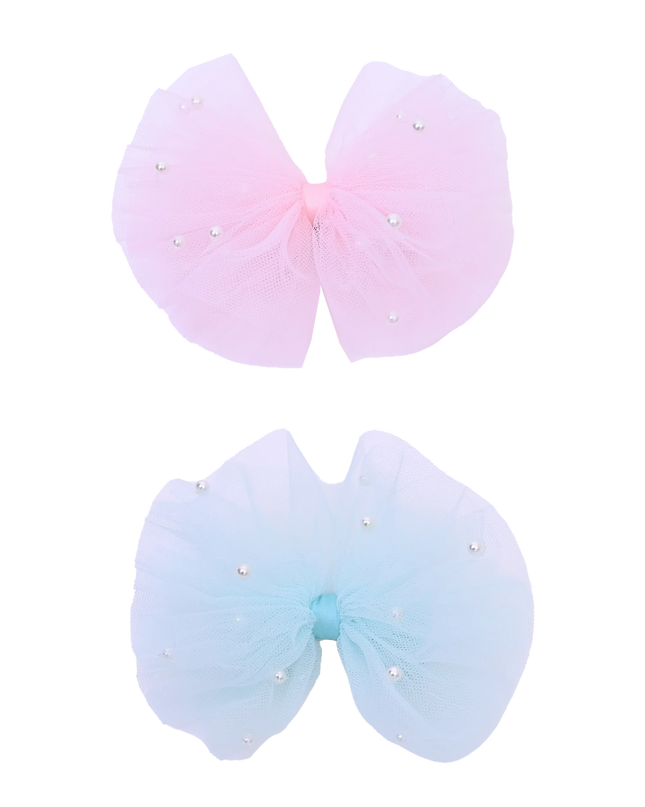 Tulle Bow Pearl Accented Hairclip Set