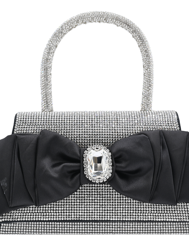 Black Bow Accented Silver Rhinestone Handbag