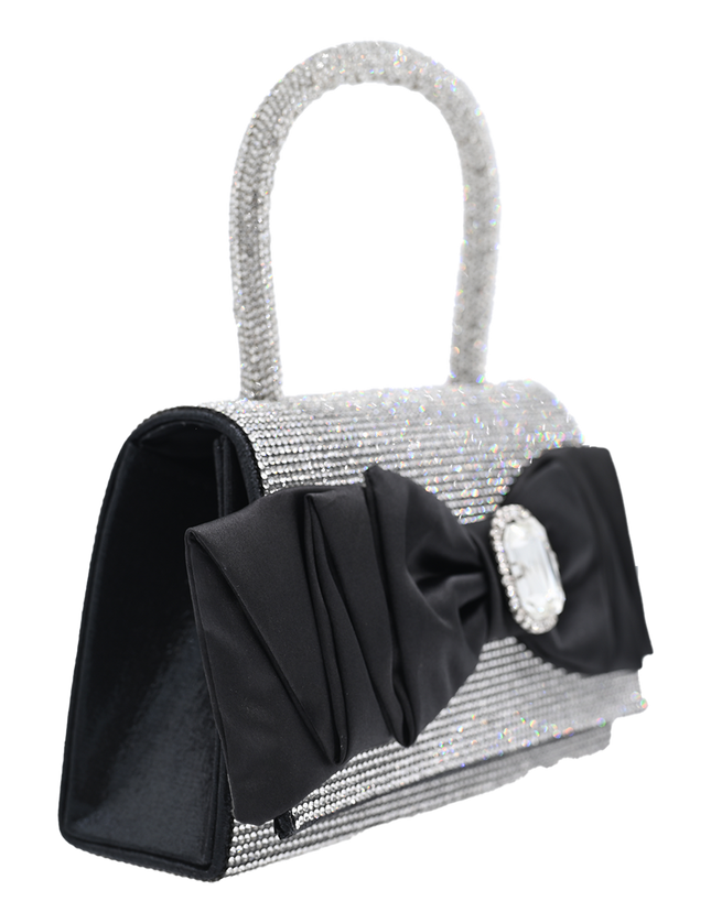 Black Bow Accented Silver Rhinestone Handbag