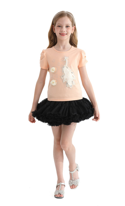 Peach Peacock Applique T-Shirt