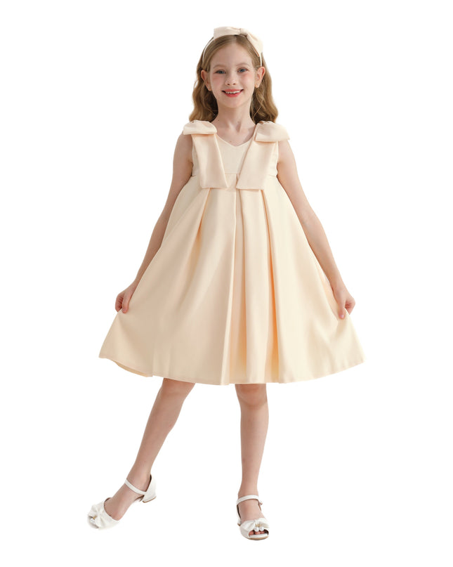 Champagne Gold Palermo Satin Bow Pleated Dress