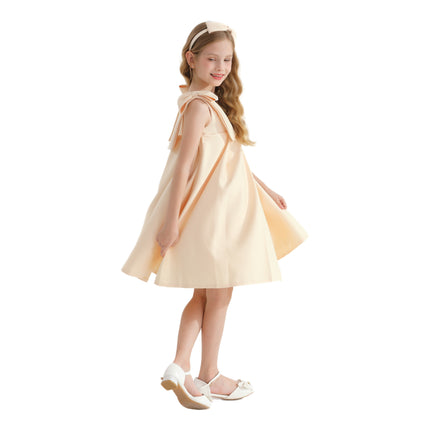 Champagne Gold Palermo Satin Bow Pleated Dress