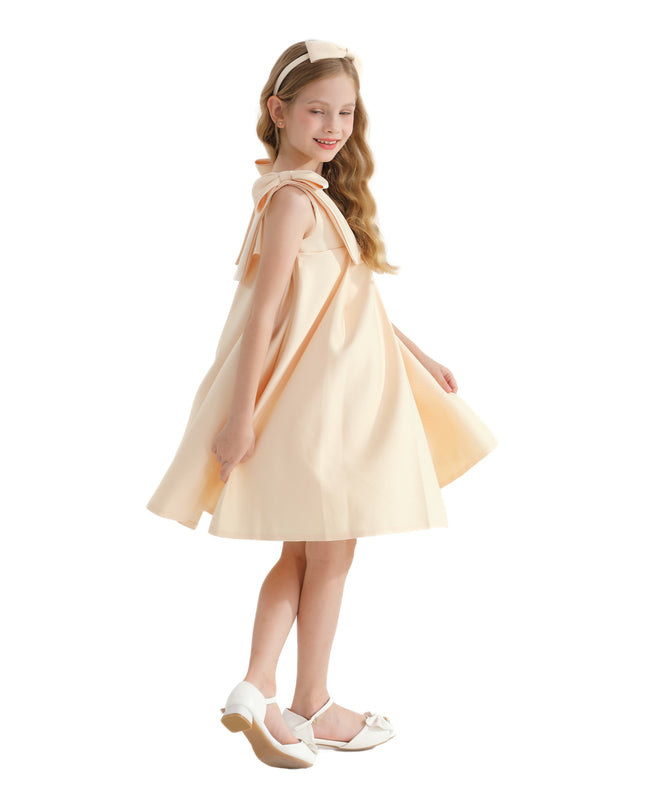 Champagne Gold Palermo Satin Bow Pleated Dress