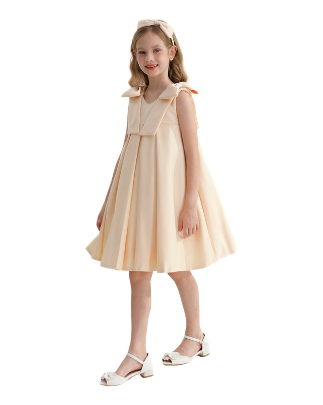 Champagne Gold Palermo Satin Bow Pleated Dress