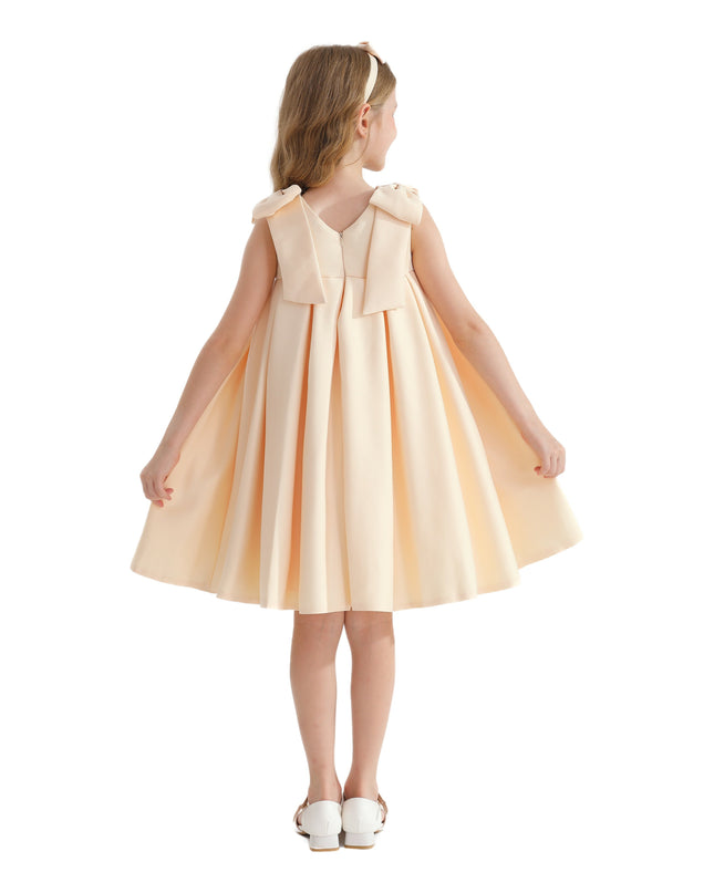 Champagne Gold Palermo Satin Bow Pleated Dress