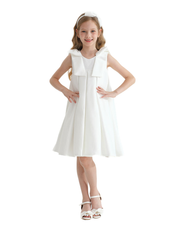 Ivory Palermo Satin Bow Pleated Dress