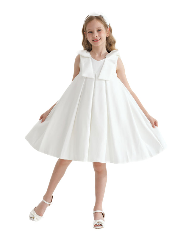 Ivory Palermo Satin Bow Pleated Dress