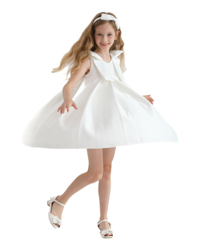 Ivory Palermo Satin Bow Pleated Dress