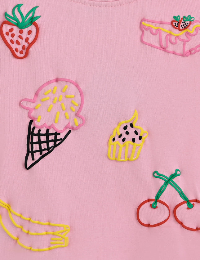 Pink Tee with Food Motifs