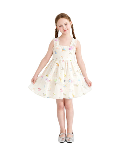 kids atelier mimi tutu White Lunaria Animal Print Pom‑Pom Dress