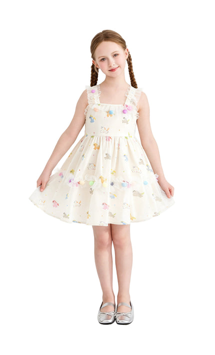 kids atelier mimi tutu White Lunaria Animal Print Pom‑Pom Dress