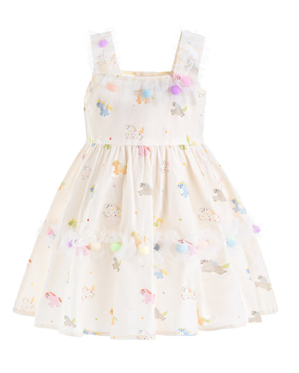 kids atelier mimi tutu White Lunaria Animal Print Pom‑Pom Dress