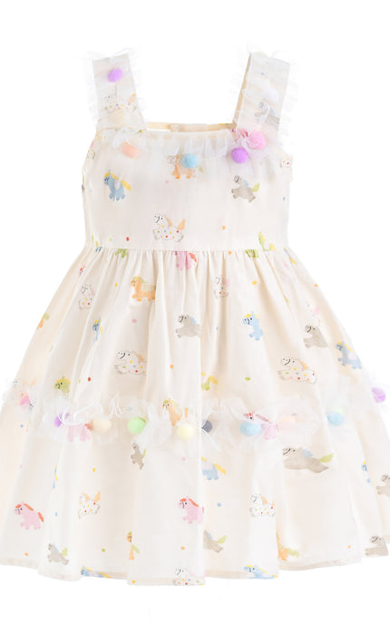 kids atelier mimi tutu White Lunaria Animal Print Pom‑Pom Dress