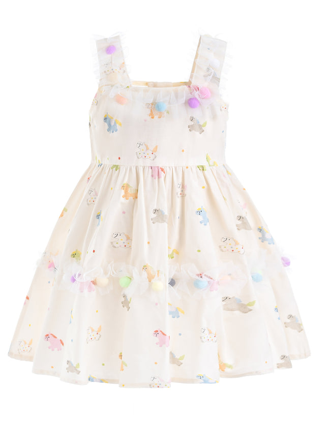 kids atelier mimi tutu White Lunaria Animal Print Pom‑Pom Dress