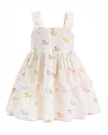 kids atelier mimi tutu White Lunaria Animal Print Pom‑Pom Dress