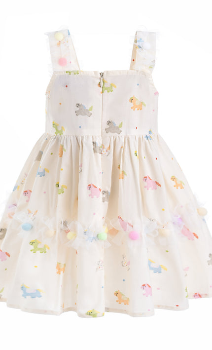kids atelier mimi tutu White Lunaria Animal Print Pom‑Pom Dress