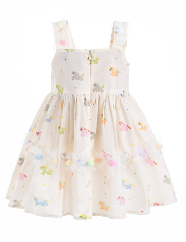 kids atelier mimi tutu White Lunaria Animal Print Pom‑Pom Dress