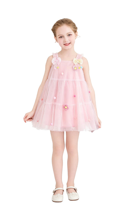 kids atelier mimi tutu Light Pink Suvanna Pom‑Pom Tulle Dress with Bow Clip