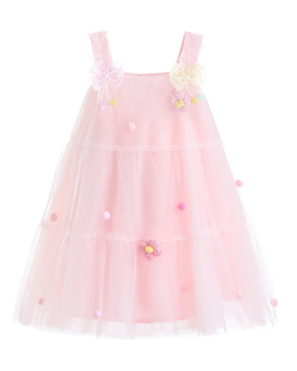 kids atelier mimi tutu Light Pink Suvanna Pom‑Pom Tulle Dress with Bow Clip