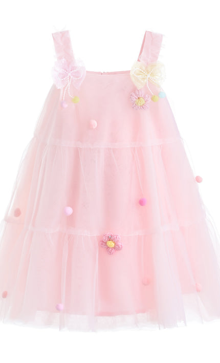 kids atelier mimi tutu Light Pink Suvanna Pom‑Pom Tulle Dress with Bow Clip